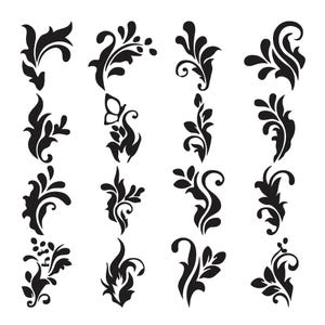 May include: A collection of sixteen distinct black silhouette floral and foliate motifs arranged in a grid. Each design features swirling vines, leaves, and organic shapes, including one element with a butterfly silhouette, all presented in high contrast.