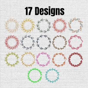 May include: A collection of 17 designs featuring circular leaf wreaths in various colors including beige, yellow, gray, red, brown, green, pink, orange, and blue. The text 17 Designs is displayed in bold black letters at the top of the image.