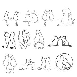 Può includere: Una collezione di illustrazioni a linea nera che raffigurano varie coppie di gatti e un cane con un gatto. I disegni includono gatti seduti insieme, code che formano cuori e un'illustrazione con i nomi Oscar e Olive scritti in corsivo.