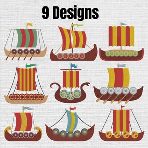 May include: A digital embroidery collection featuring 9 designs of Viking longships with striped sails in red, yellow, and green. Each ship displays circular shields along the hull, masts, and small flags. The text 9 Designs is at the top.