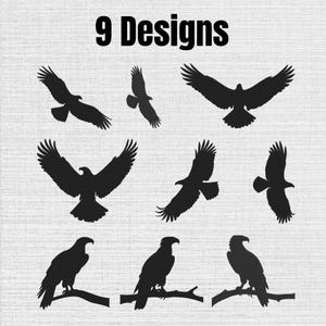 Puede incluir: Una colección de 9 siluetas de águilas negras dispuestas en una cuadrícula. El conjunto incluye águilas en varias poses, incluyendo aves en vuelo con las alas extendidas, planeando y posadas sobre ramas, sobre un fondo de textura clara.