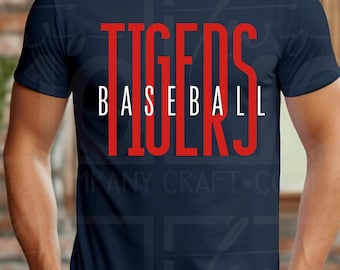 Design gráfico para camiseta com estampa dos Tigers Baseball Sports em vermelho e branco para download digital.