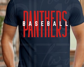 Design gráfico para camiseta com estampa dos Panthers Baseball Sports em vermelho e branco para download digital.