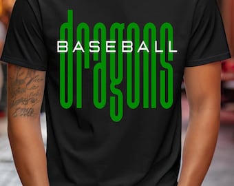 Design gráfico para camiseta com estampa de beisebol dos Dragões em PNG verde e branco para download digital.