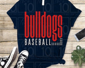 Design gráfico para camiseta com estampa de beisebol Bulldogs em PNG vermelho e branco para download digital.