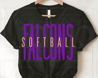 Design gráfico para camiseta Falcons Softball Sports PNG roxo e dourado para download digital