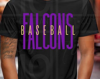 Design gráfico para camiseta Falcons Baseball Sports PNG roxo e dourado para download digital