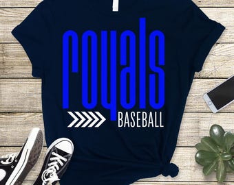 Design gráfico para camiseta com estampa dos Royals Baseball Sports em PNG azul royal e branco para download digital.