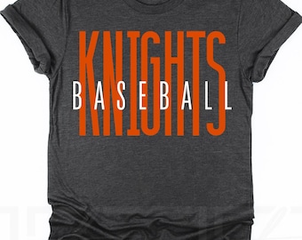 Design gráfico para camiseta com estampa de beisebol dos Knights em PNG laranja e branco para download digital.