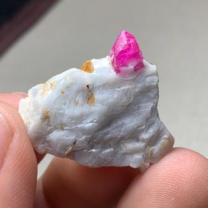 Puede incluir: Una vibrante formación de cristal rosa se asienta sobre una roca blanca y texturizada. El cristal es de un color magenta intenso, con una forma geométrica puntiaguda. Pequeñas motas de color marrón dorado están dispersas por la roca blanca. Espécimen mineral natural.