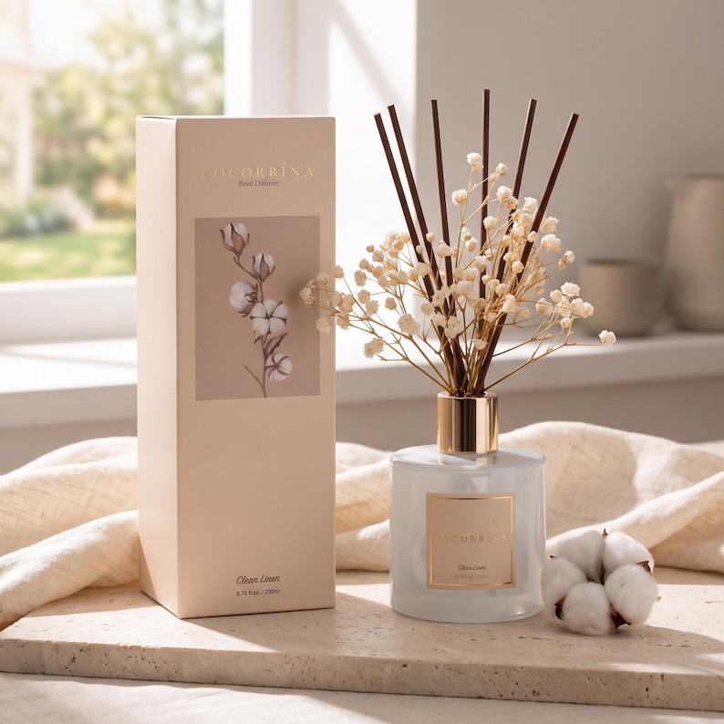 Pu&ograve; includere: Un set diffusore a bastoncini Colorrina composto da una scatola rettangolare beige chiaro con illustrazione di cotone e un flacone cilindrico in vetro con colletto dorato, contenente bastoncini scuri e fiori secchi bianchi, etichettato Clean Linen 200ml.