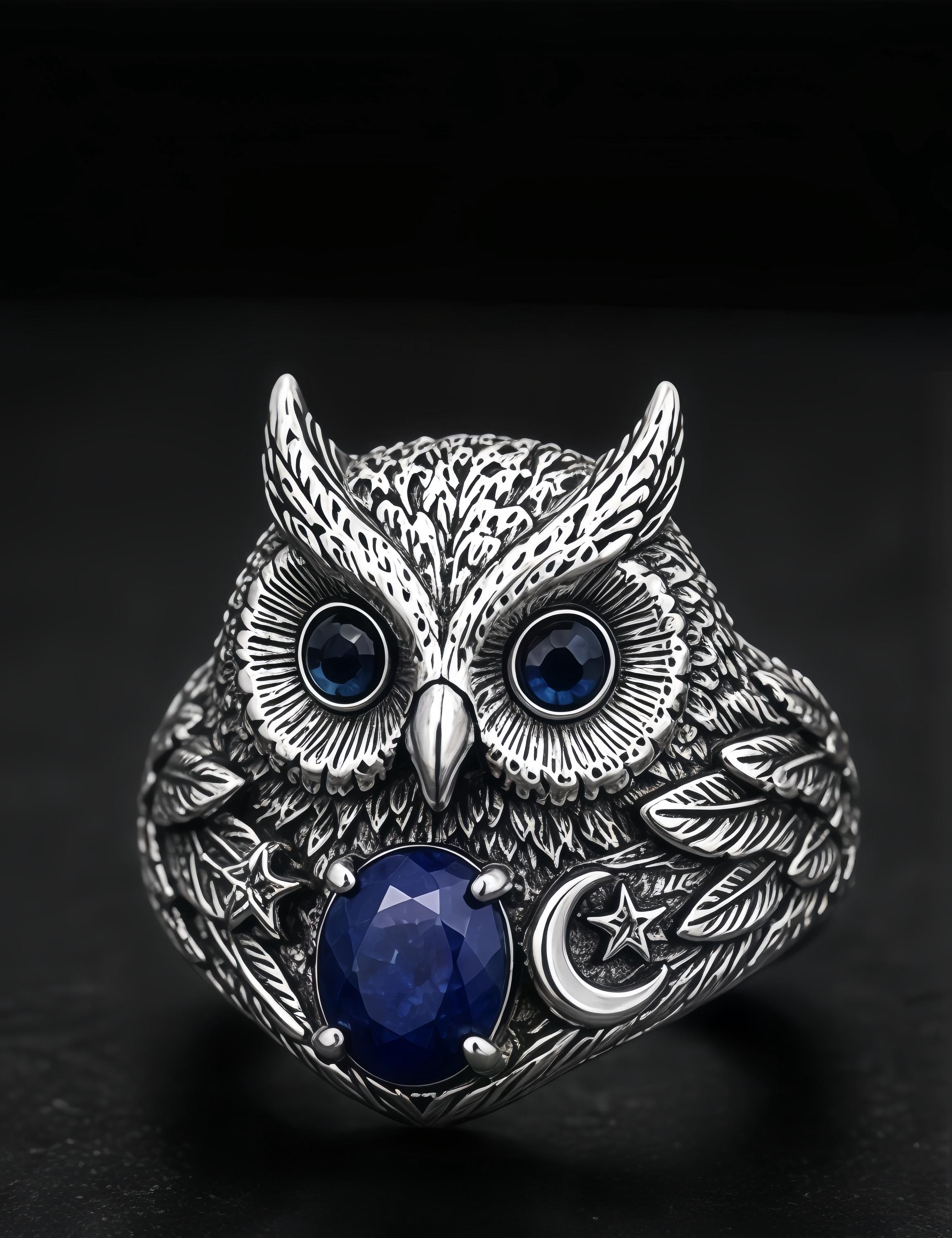 Handcrafted 925 Sterling Silver Owl Ring Lapis Lazuli Cubic Zirconia Wisdom Totem Jewelry Gift