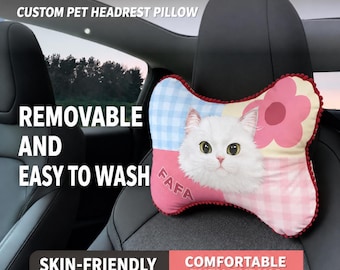 Custom Hand Drawn Pet Portrait Car Headrest Pillow Personalized Dog Cat Travel Neck Support