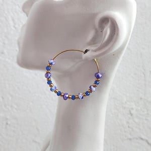 Thin Round Hoop Earrings in Speckled Purple Pearls and Crystal Facets, Handmade, Fashion Jewelry for Men and Women