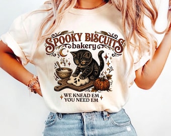 Spooky Season Black Cat TShirt | Vintage Kitty Biscuits Halloween Shirt | Cute Fall Pumpkin Tee, Retro Cat Lover Gift, Cozy Autumn Clothing