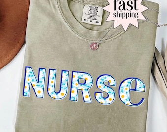 Nurse Comfort Colors® Shirt Blue Floral Nurse Tee Cottagecore Aesthetic Nurse TShirt PICU Healthcare Worker Gift RN Nurse T-Shirt