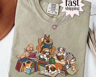 Funny Dog Reading Shirt, Cute Dogs with Books Tee, Dog Lover Gift, Funny Animal Graphic Tee, Book Lover Dog Shirt, Gift for Her