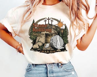 Comfort Colors® Rolling Christian T-Shirt, Trendy Stones Easter Clothing Jesus Christ Shirt Gift For Christian Faith-Based Graphic Tee