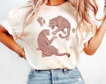Vintage Leopard Fighting Graphic Tee, Wild Big Cat Engraved Style Shirt, Retro Jungle Wildlife Aesthetic Top, Comfort Colors® Animal Gift