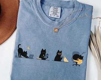 Funny Black Cat Office Worker T-Shirt, Comfort Colors Eco Friendly Cat Lover Shirt, Student Research Study Cat Tee, Gift for Cat Lovers