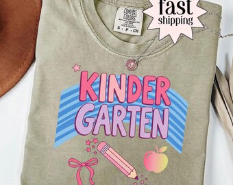 Teacher Comfort Colors® Kindergarten Shirt, School Staff Team Shirts, Back to School Tee, Teacher Gift, Retro Stripe Elementary TShirt