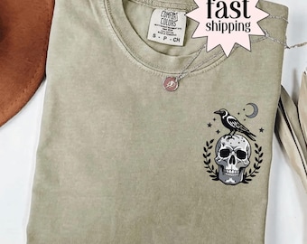Witchy Crow Skull Shirt, Funny Shirt Moon and Stars , Gothic Raven, Comfort Colors 1717, Spooky Witch Bird Shirt, Occult Crow Gift