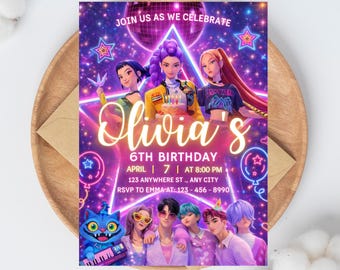 Invitación de cumpleaños de Kpop / Invitación de cumpleaños de cazadores de demonios de Kpop / Plantilla editable de Canva / Invitación de anime Kpop / Descarga digital imprimible