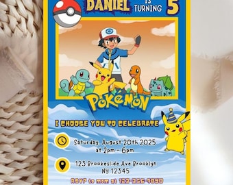 Bewerkbare Pokemon-uitnodiging, Pokemon-verjaardagsuitnodiging, afdrukbare uitnodigingen voor verjaardagsfeestje, digitale verjaardagsuitnodiging, Pokemon-thema