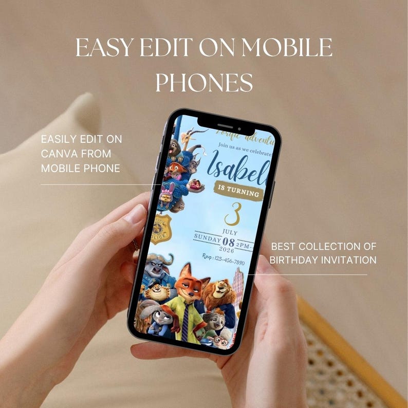 Op de afbeelding: Een smartphone toont een verjaardagsuitnodiging met stripfiguren. De uitnodiging luidt "Isabel wordt 3" met de datum "08 juli 2026". Op het scherm staat "Eenvoudig bewerken op mobiele telefoons" en "Beste collectie verjaardagsuitnodigingen."