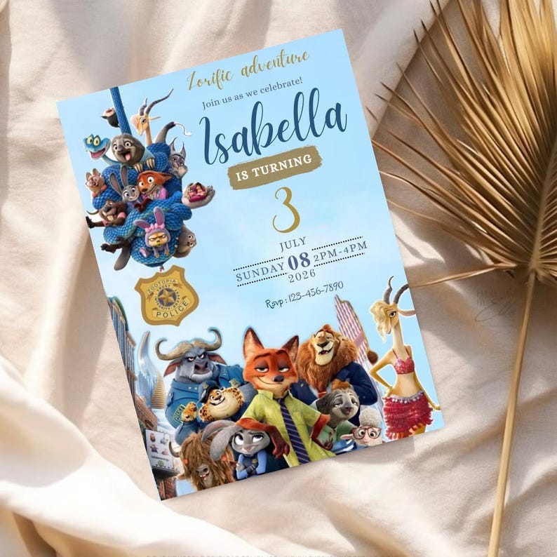 Op de afbeelding: Een blauwe verjaardagsuitnodiging met Zootopia-personages. De uitnodiging bevat de naam "Isabella", het nummer "3" en evenementdetails. De Zootopia Police badge is ook zichtbaar.