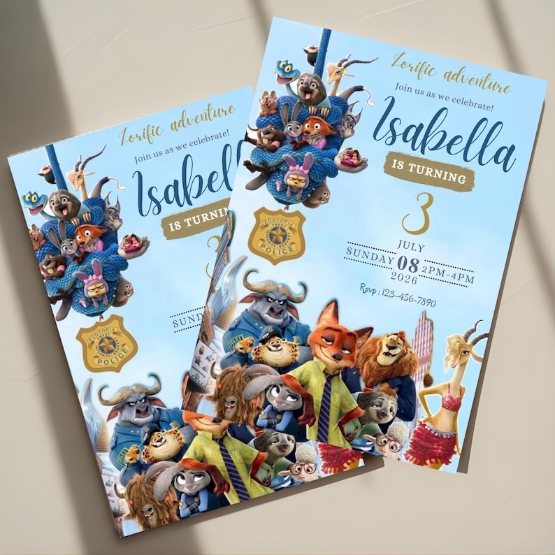 Op de afbeelding: Twee feestuitnodigingen met personages uit de animatiefilm Zootopia. De uitnodigingen hebben een lichtblauwe achtergrond met de tekst "Lorific adventure" en "Isabella wordt 3". De datum en tijd van het feest staan er ook op.