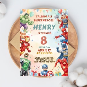 Puede incluir: Una colorida invitación de cumpleaños con temática de superhéroes. La invitación presenta ilustraciones de varios superhéroes, incluyendo a Hulk, Iron Man y Capitán América. El texto incluye "¡Llamando a todos los superhéroes!" y los detalles de la fiesta de cumpleaños de Henry.