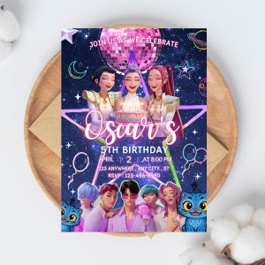 May include: A colourful birthday invitation with a cartoon theme. The invitation features a group of animated characters, a disco ball, and the text "Oscar's 5th Birthday." The date and time are also included. The background is a starry night sky.