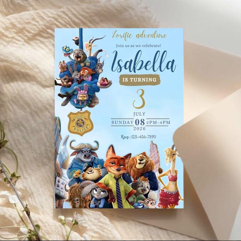 Op de afbeelding: Een lichtblauwe uitnodigingskaart met personages uit de film Zootopia. De kaart leest "Isabella wordt 3" met evenementdetails. De kaart heeft een decoratieve rand en een lichtblauwe achtergrond.