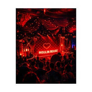 May include: Interior shot of the Moulin Rouge theatre, illuminated by red lighting. The stage displays a heart motif and the words "Moulin Rouge" in illuminated letters. The audience is in the foreground, with red curtains and decorative features.