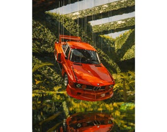 Red Classic BMW Car Poster | Surreal Botanical Reflection Print