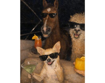 Dogs and Horse Cocktail Art Print | Animal Party Scene, Museum-Grade Paper