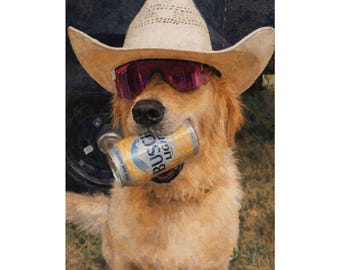Golden Retriever with Cowboy Hat and Sunglasses Poster | Matte Vertical Poster