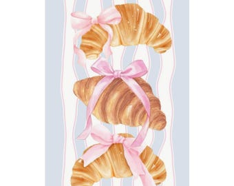 Croissant Stack Matte Vertical Poster | Bakery Wall Art, Pastel Ribbon Illustration