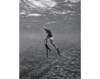 Underwater Spearfisher Poster | Matte Vertical Poster, Black and White Ocean Print