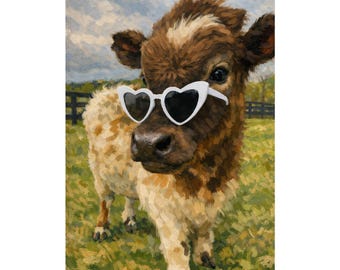 Cow with Heart Sunglasses Poster | Farmhouse Calf Wall Art, Painting Style
