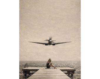 Woman on Pier with Vintage Airplane Matte Vertical Poster | Aviation Wall Art