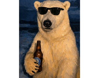 Playful Polar Bear Holding Beer Poster | Sunglasses, Painterly Art Print (Matte)