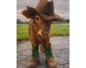 Cow in Cowboy Hat and Boots Poster | Matte Vertical Poster, Farm Animal Art