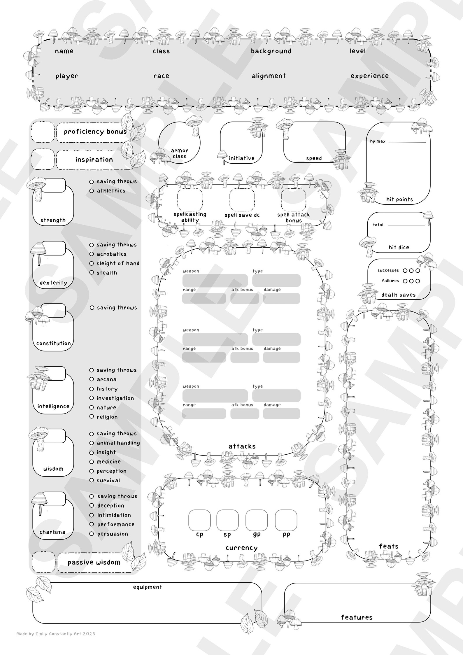 Mushroom Dungeons and Dragons 5E Printable TTRPG Character Sheet ...