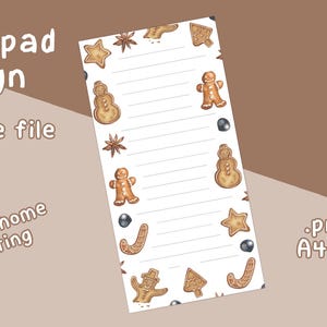 May include: A printable memo pad design with a light brown background. The pad features a lined layout with gingerbread man, star, and snowman illustrations. Text on the image reads "Memo pad design, printable file, for at-home printing."
