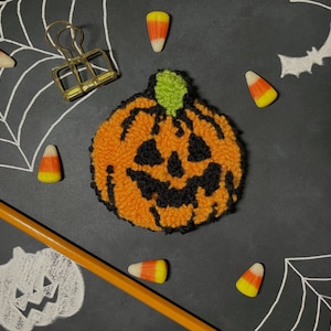 Handmade Jack o’ Lantern Mug Rug | Halloween Autumn Fall Pumpkin Punch Needle Embroidery Cup Coaster