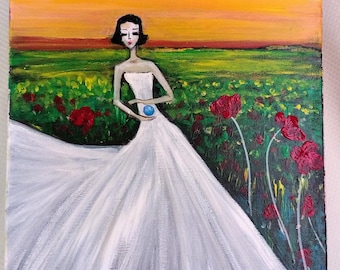 El guardián de la esfera de la vida vestido de flores blancas y rojas (018GS). Pintura original y única, acrílico sobre lienzo montado de 30/40 cm y 14 mm de grosor.