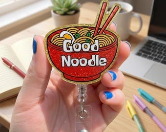 Porta-crachá retrátil "Bom Macarrão", Porta-crachá fofo com desenho de ramen, Presente divertido para amantes de comida, Clipe de tigela de macarrão com glitter, Acessórios para escritório de enfermeiros e professores