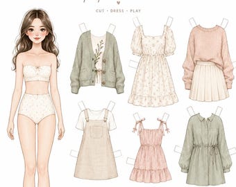 Kit de personajes minimalistas para vestir / Colección de atuendos en tonos pastel / Manualidades de moda femenina / Descarga en PDF estilo cottagecore
